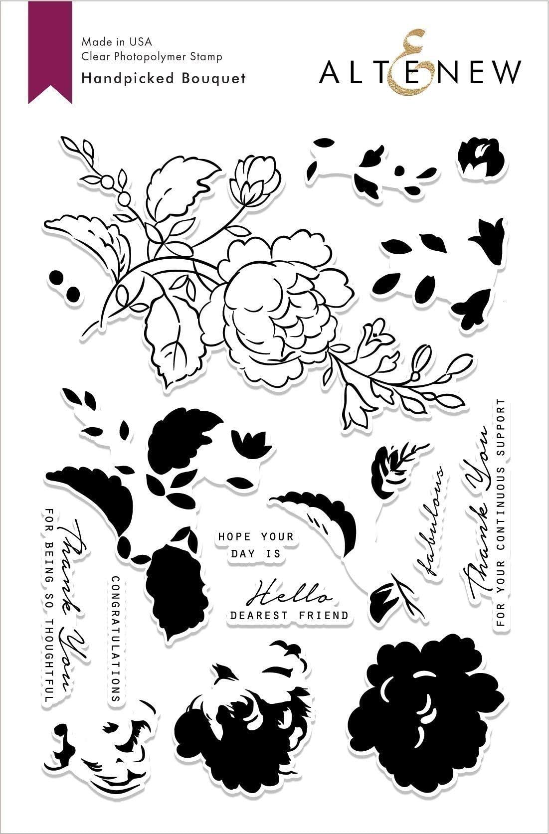 Handpicked Bouquet Floral Layering Stamps for Card Making, Scrapbooking - High Quality Photopolymer 16 Stamps, Sentiments Included - Thank You, Friendship, Congratulations (6" x 8")