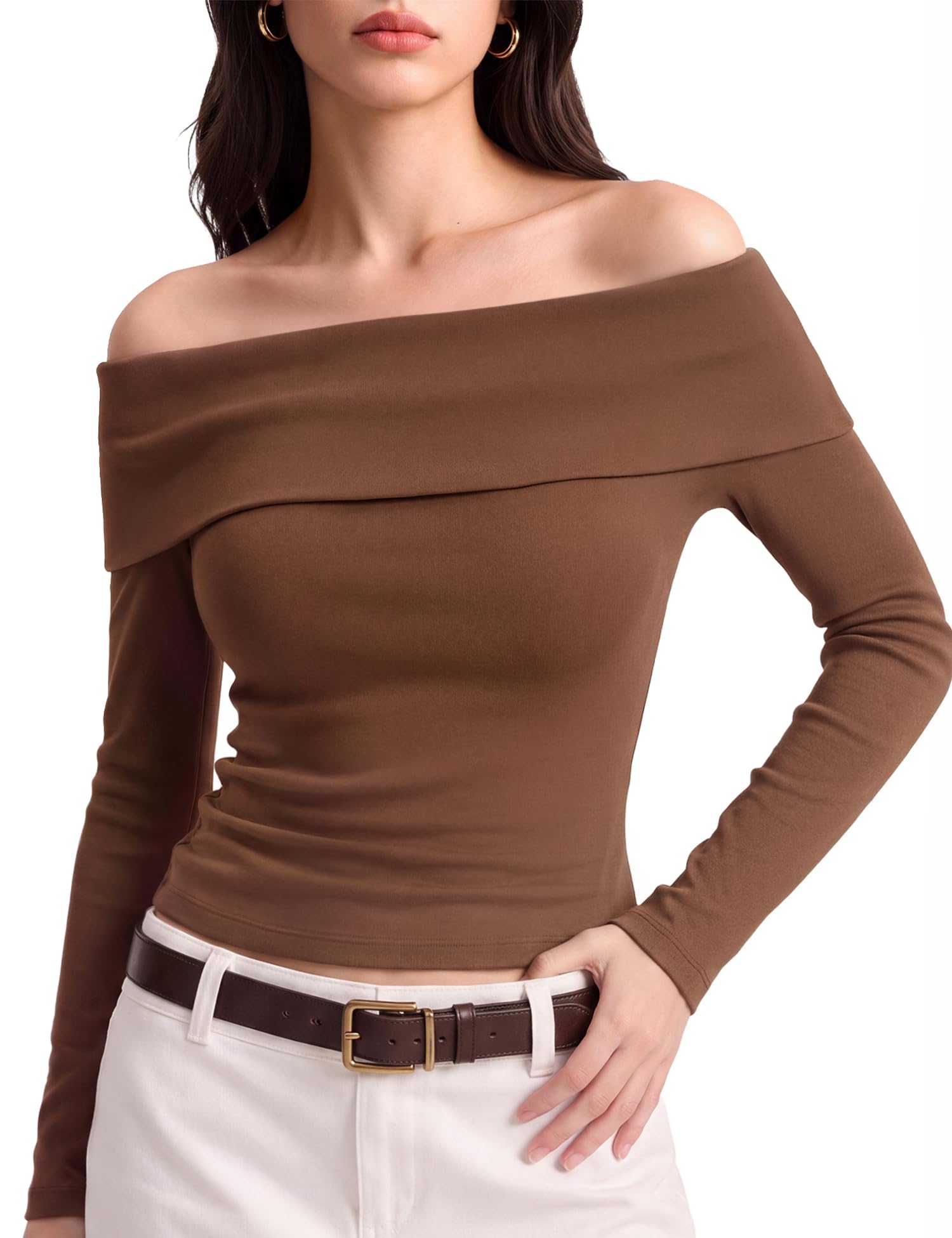 C202 Off the Shoulder Tops for Women Long Sleeve Shirts Going Out Top, Brown, Medium