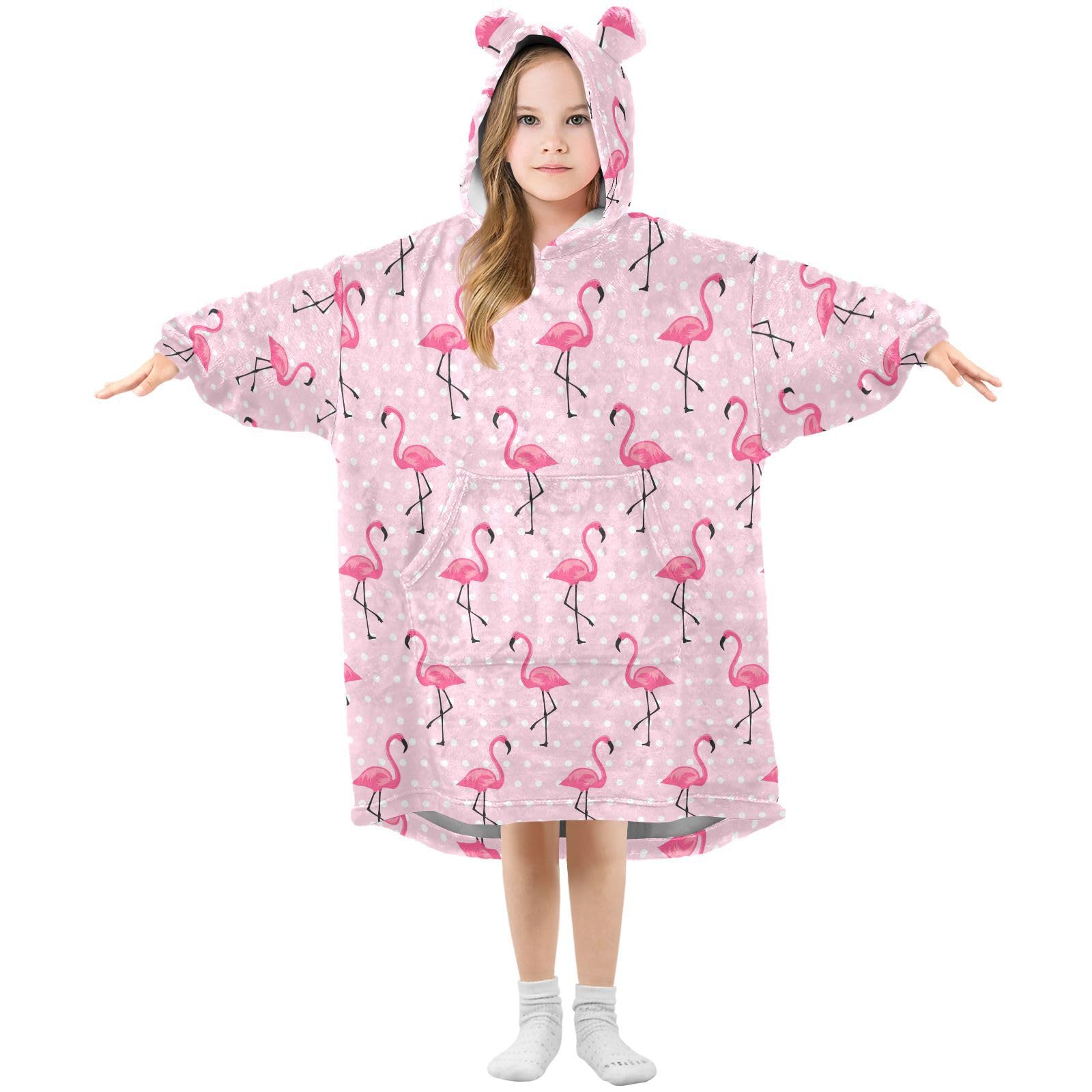 Oversized Blanket Hoodie for Kids Adult Girls Boys, Fleece Hoodie Blanket Flamingo Dots Pink Super Warm Plush Wearable Blanket Hoodie Sweatshirt with Roomy Pocket, Medium — image 1