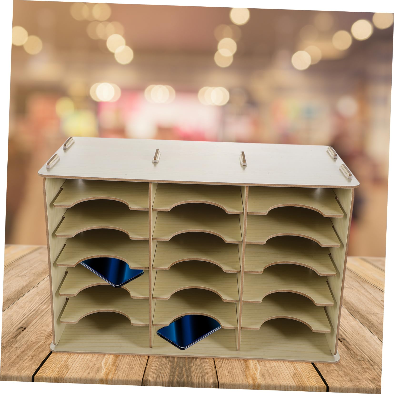 Porta Cellulare Organizer da Tavolo in Legno Scatola Portaoggetti per Telefono Cellulare Contenitore da Scrivania Scomparti Multipli per Aula e Ufficio