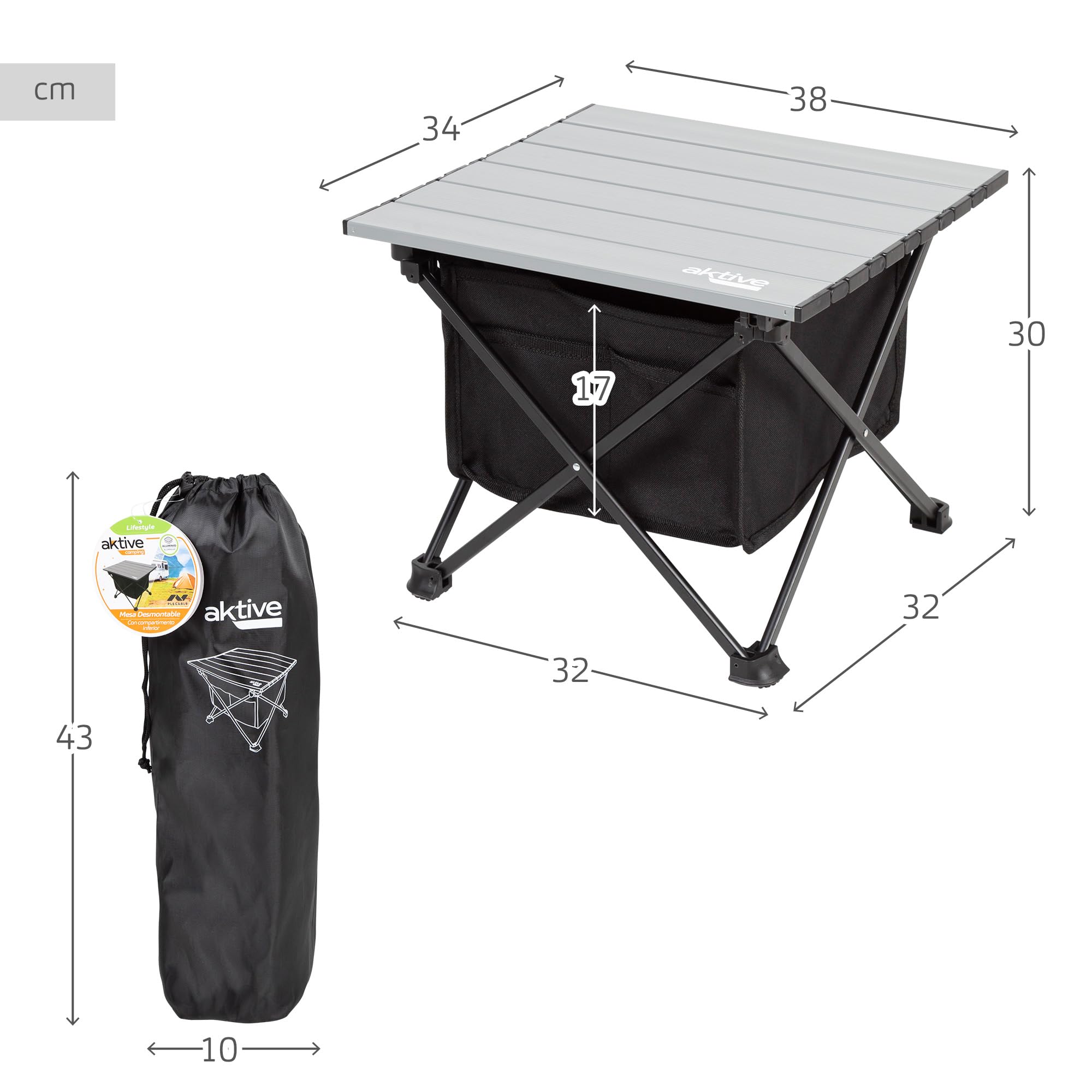AKTIVE Camping- Table de Camping Pliante avec Sac de Rangement, Table de Camping Pliable Légère et Solide, Polyester et Aluminium, Plage ou Jardin, 40X35X30 cm