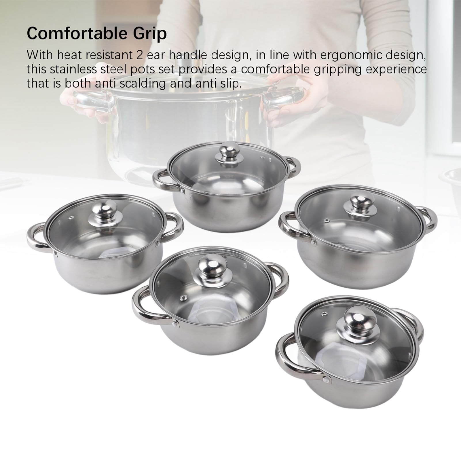 5-teiliges Edelstahl-Topf-Set, Küchen-Kochgeschirr-Sets, Edelstahl-Töpfe mit Deckel und Griffen, Stapelbares Design, Küchen-Kochset für Induktion, Spülmaschinenfest, Silber