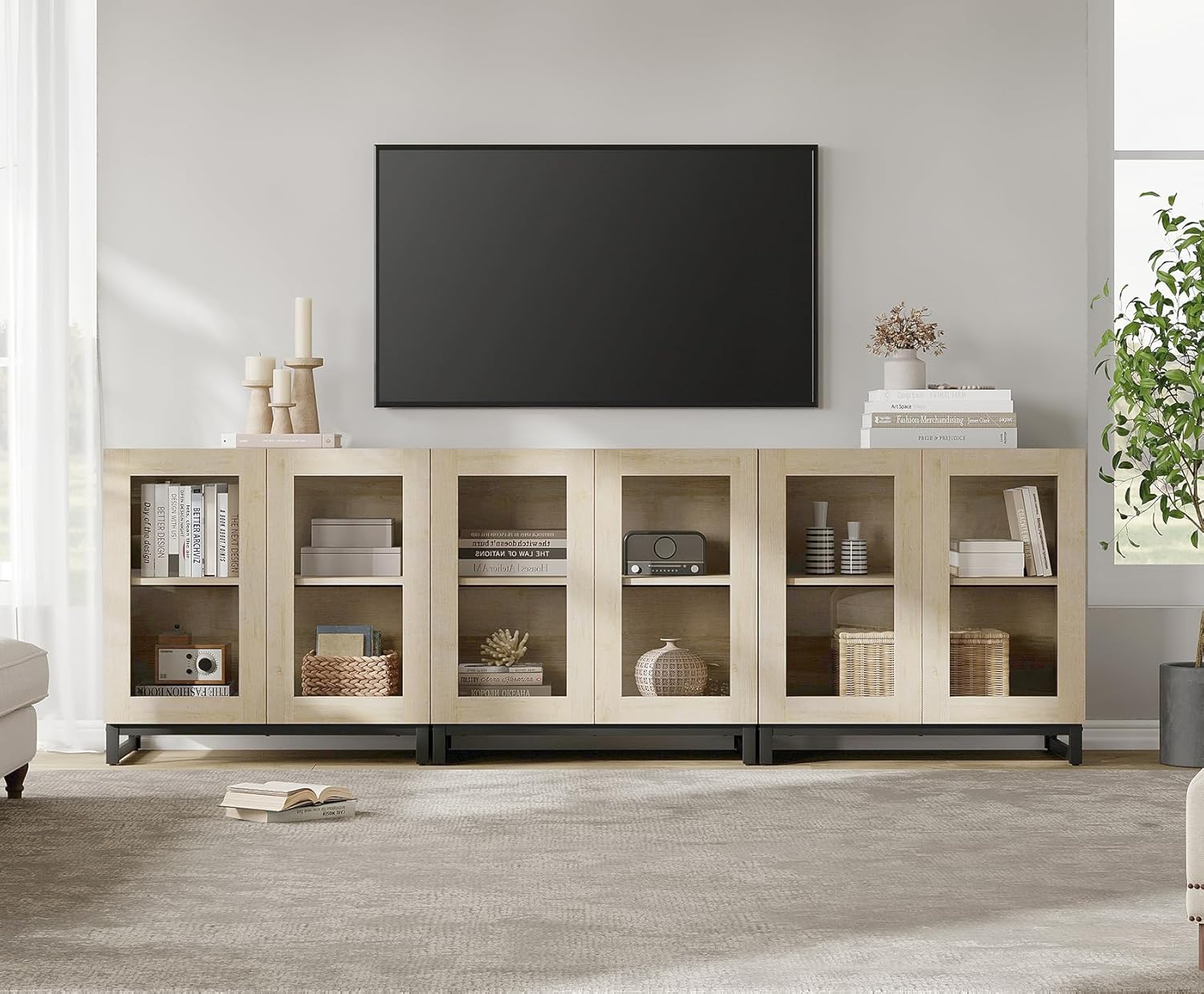 WAMPAT Modern TV Stand with Glass Doors for 32-120 inch TVs, Wooden Entertainment Center TV Console with Adjustable Shelves and Metal Base for Living Room, Bedroom, Light Oak, 3Pcs