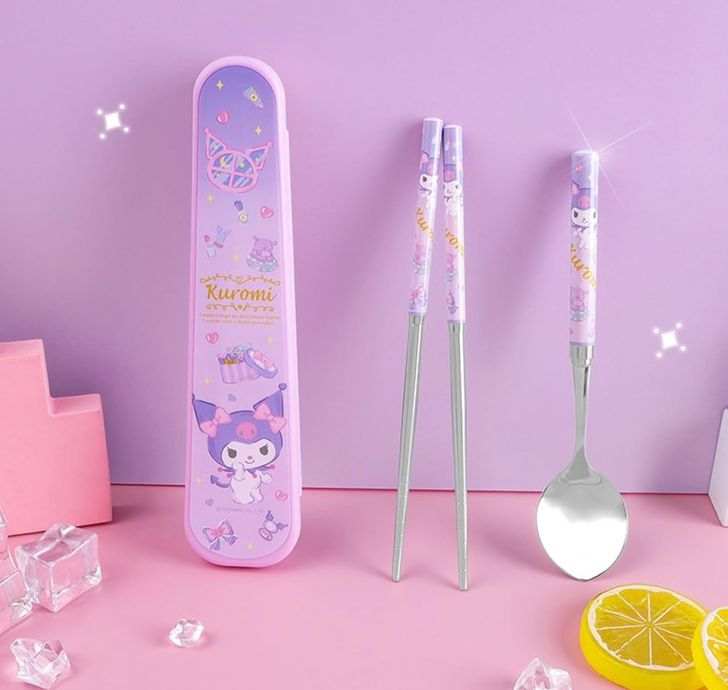 Kuromi Chopsticks & Spoon Flatware Tableware Set with Case, 3 pieces