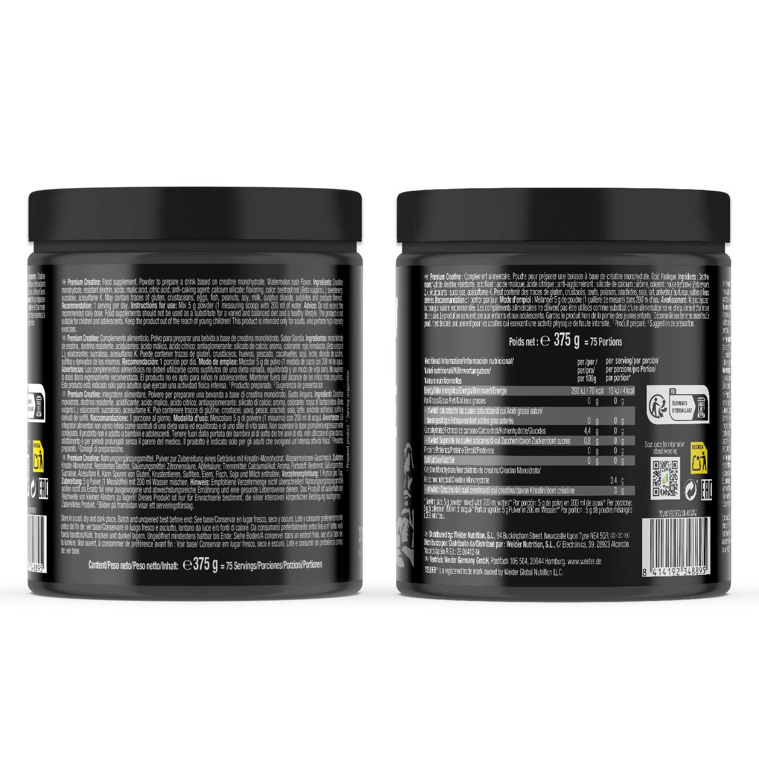 Weider Premium Creatine (375g) Sabor Sandía, Creatina Monohidrato 100% Creapure, Sin Azúcar, Vegano, Aumento del Rendimiento Físico (75 Porciones)