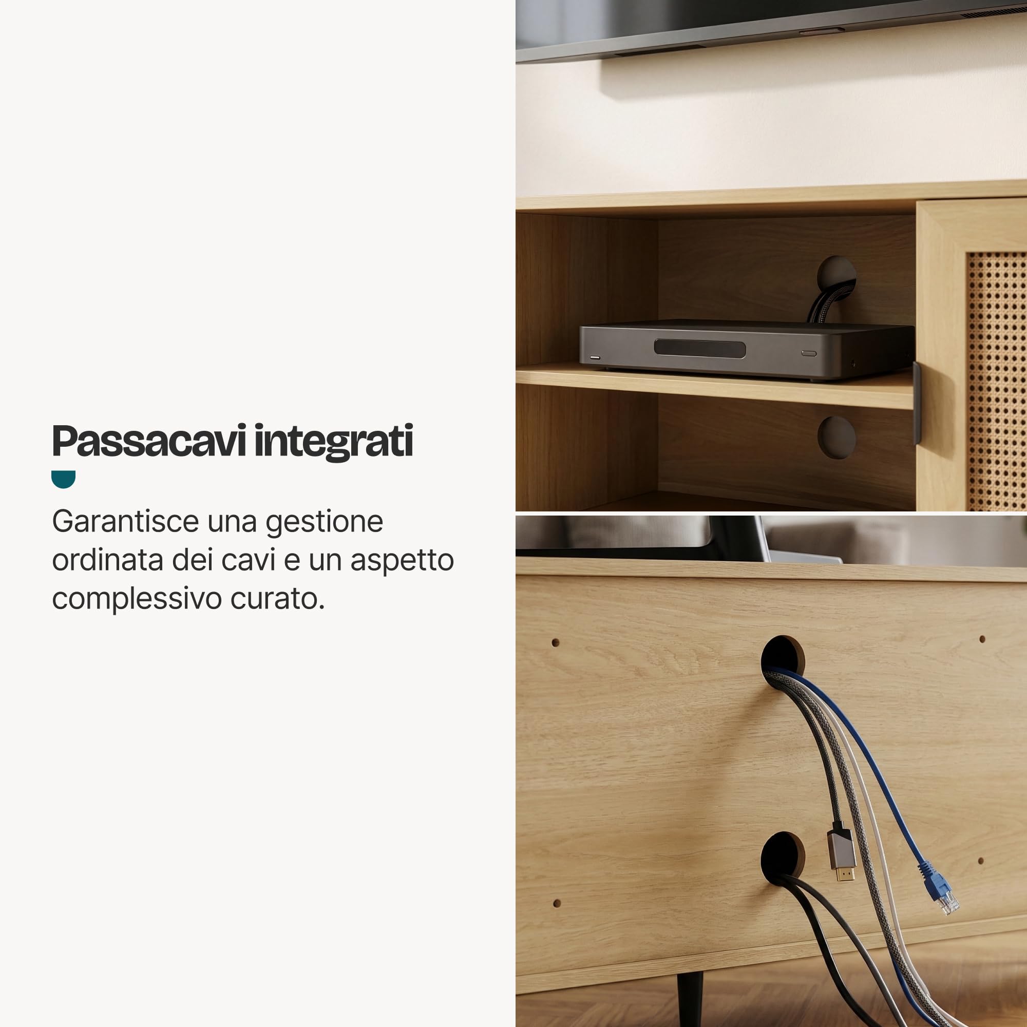 [en.casa] Mobile TV con Ante Inserto Effetto Rattan e Scomparti Aperti Porta Televisore con Fori Passacavi Stand Multimediale per Zona Living 152x40x54 cm Effetto Rovere