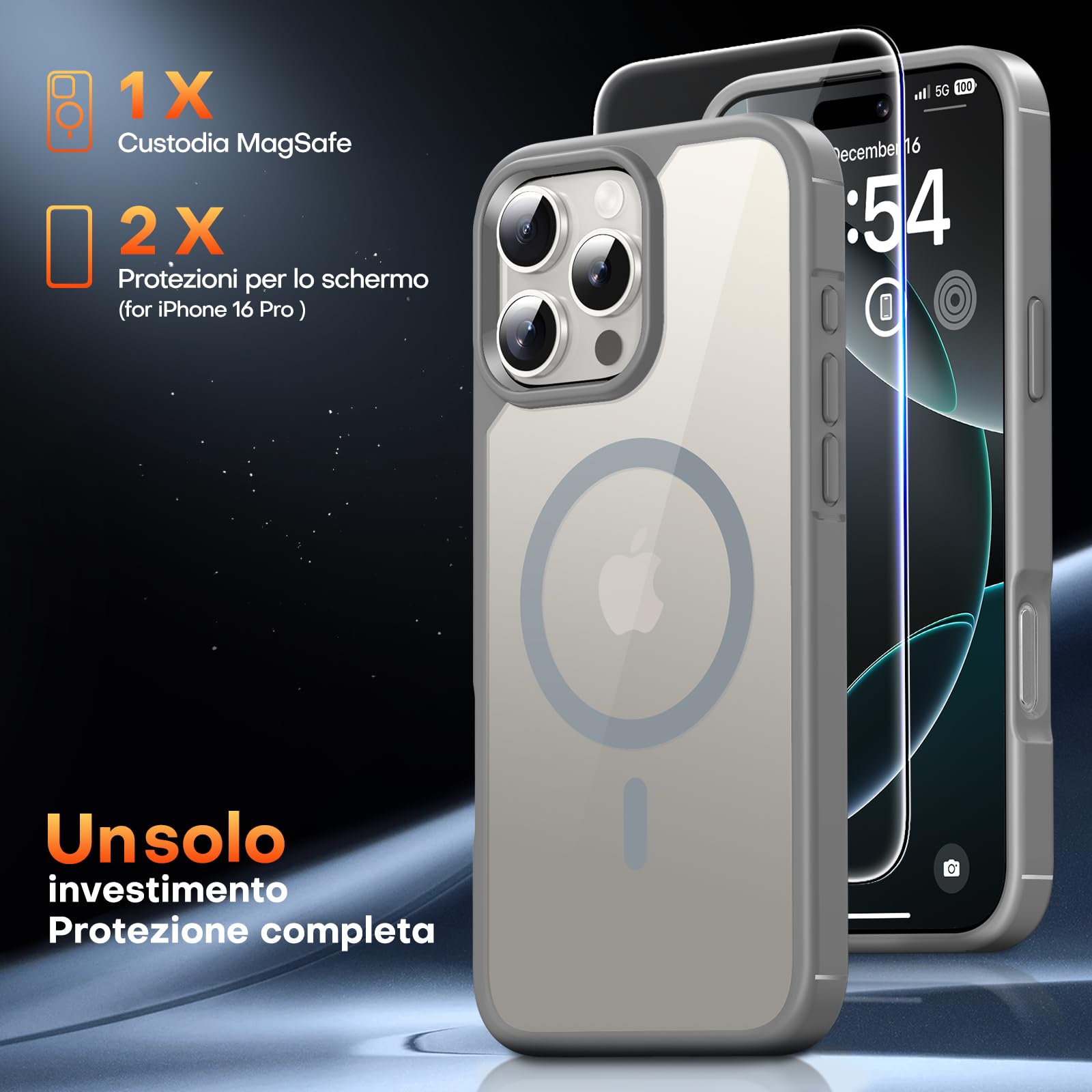 TAURI 3 in 1 Kit Magnetica Cover per iPhone 16 Pro [Compatibile con MagSafe] con 2 Pellicola in Vetro Temperato, Custodia Rigida per Sottile Anticaduta - Grigio