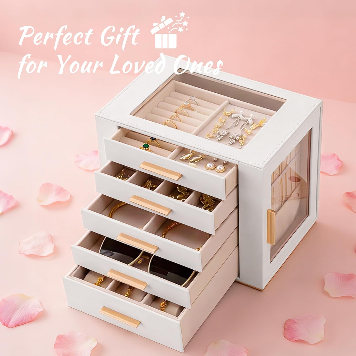 Homeanda Jewelry Box for Women with Glass Lid, 5 Drawers Jewelry Organizer and Storage for Necklaces, Rings, Earrings, Bracelets, Gift for Girls and Teens,PU Leather (White)