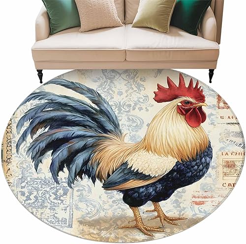 Miniatura 2 de 5ft Round Rug, Retro Rooster Non-Skid Rubber Backing Large Area Rugs - Living Room Bedroom Home Office, Watercolor Pastoral Animals Botanical Indoor
