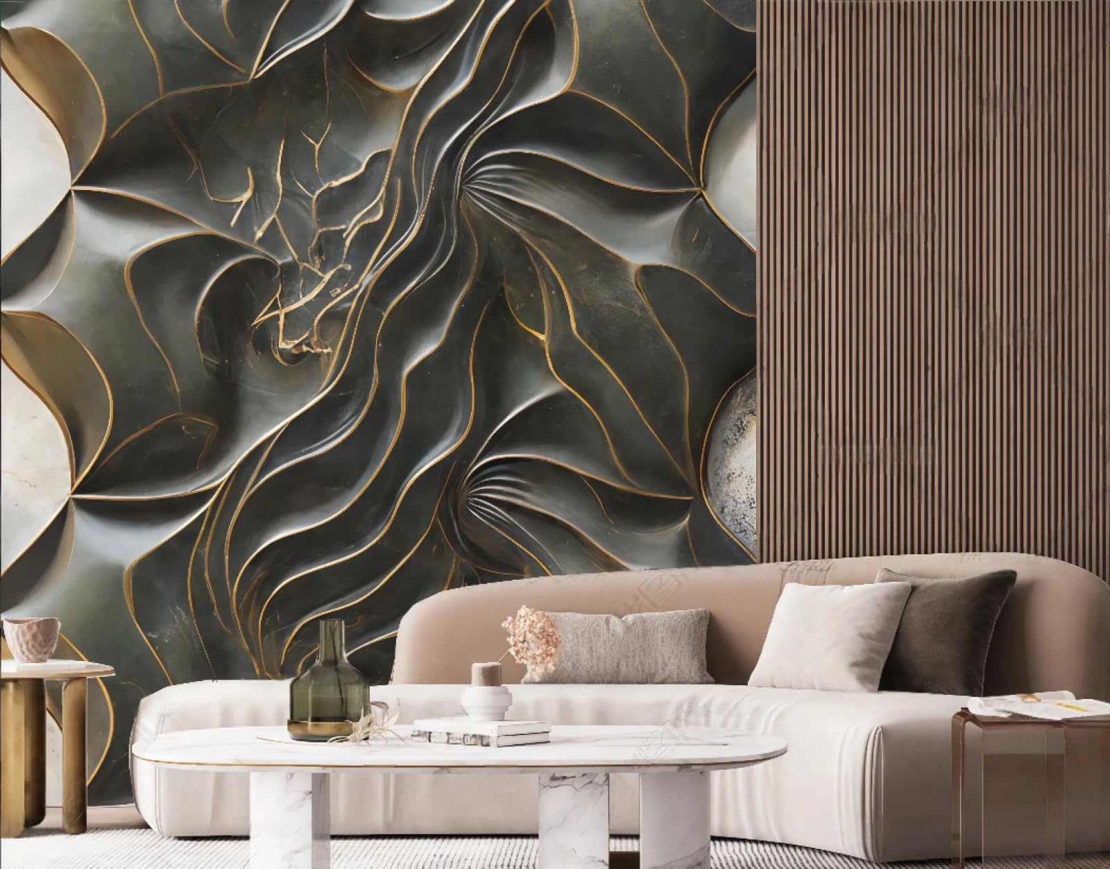 Tapeta sztuka nowoczesna rzeźba złota linia falowanie relief abstrakcyjny ciemnozielony marmurowy wzór TV sofa tło tapeta ścienna salon restauracja kawiarnia mural, 3D, 400 x 280 cm