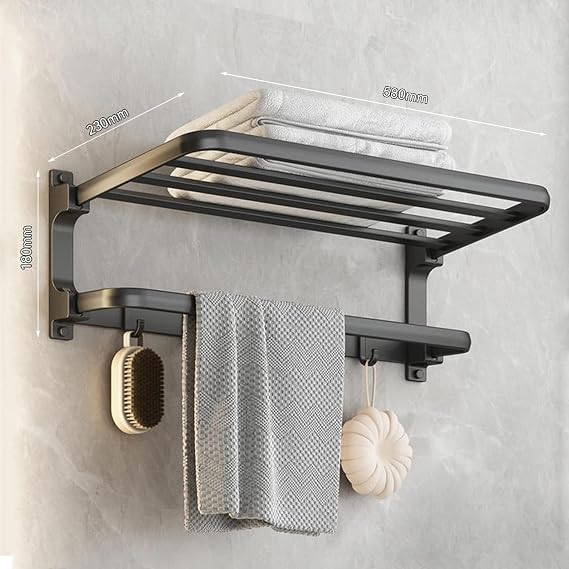 Towel Rack with Towel Bar Holder Towel Rail with 5 Hooks Foldable Towel Shelf Rustproof Towel Storage Wall Mount for Bathroom Lavatory Matte Black 58cm(23inch)