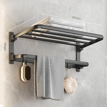 Towel Rack with Towel Bar Holder Towel Rail with 5 Hooks Foldable Towel Shelf Rustproof Towel Storage Wall Mount for Bathroom Lavatory Matte Black 58cm(23inch)