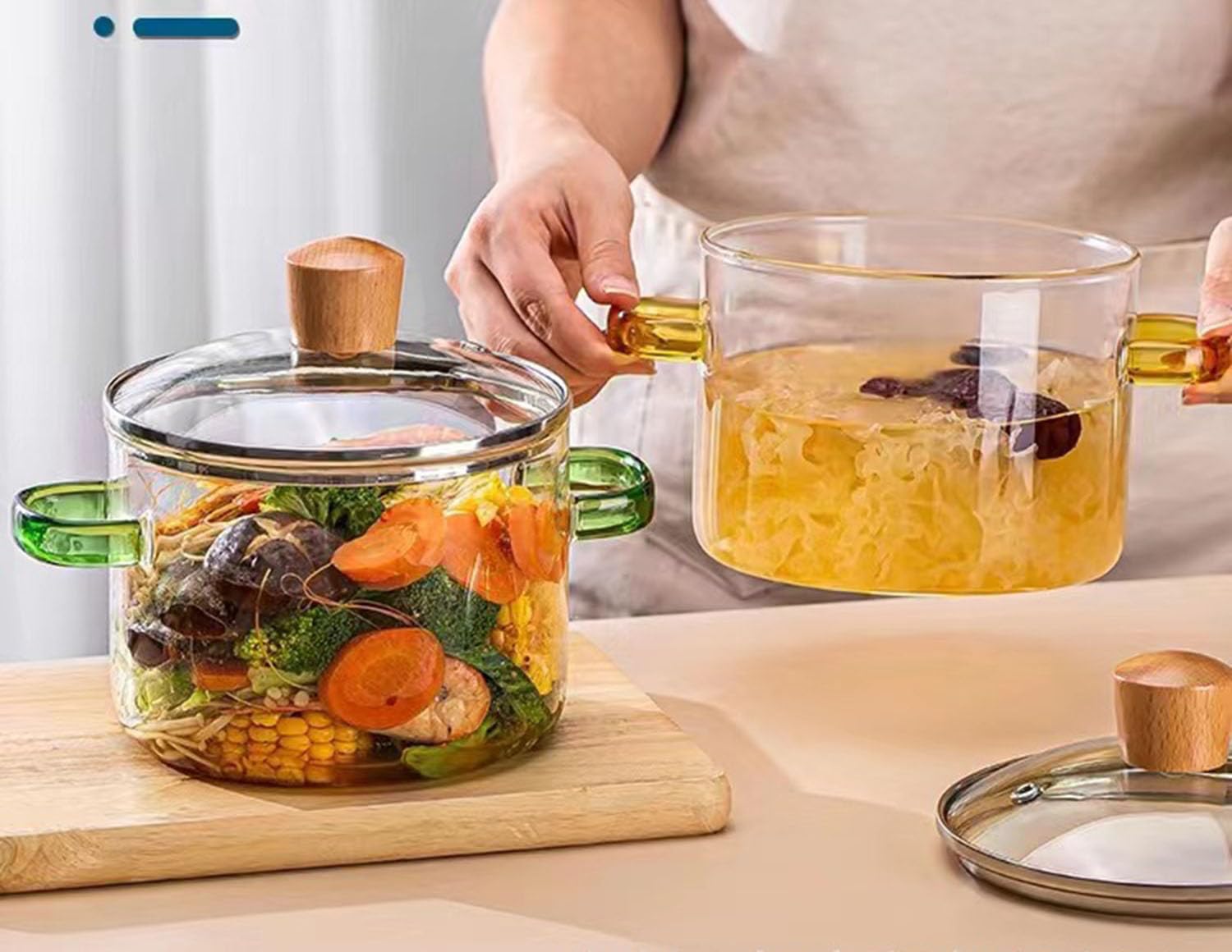 Glas-Topf, mit Deckel und Holzgriff, Glaskochgeschirr for Pasta, Nudelsuppe, Milch, Babynahrung, transparent(1600ml)