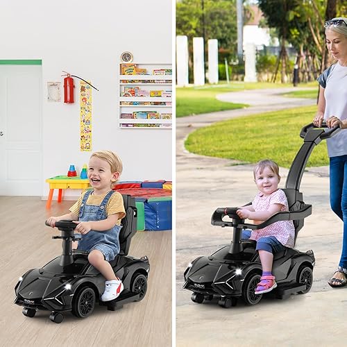 Miniatura 7 de INFANS 3 en 1 Coche de Paseo para Empujar, Silla de Paseo Licenciada Lamborghini para Bebés con Coche de Paseo Deslizante, Bocina, Música, USB,