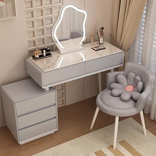 Miniatura 10 de Tocador con espejo con luces, mesa de tocador con cajones, mesa de maquillaje blanca, 3 modos de iluminación de brillo ajustable, para dormitorio,