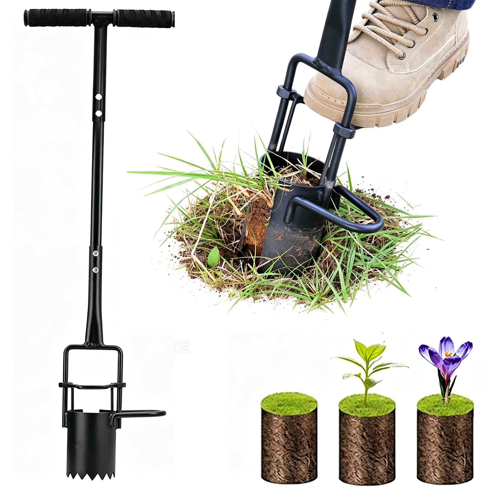 Bulb Planter Tool Long Handle, Soil Sampler Lawn Aerator with Soft Grip,Serrated Base Gardening Bulb Transplanter,Heavy Duty Sod Plugger for Digging Holes to Plant Daffodils,Tulips, Iris