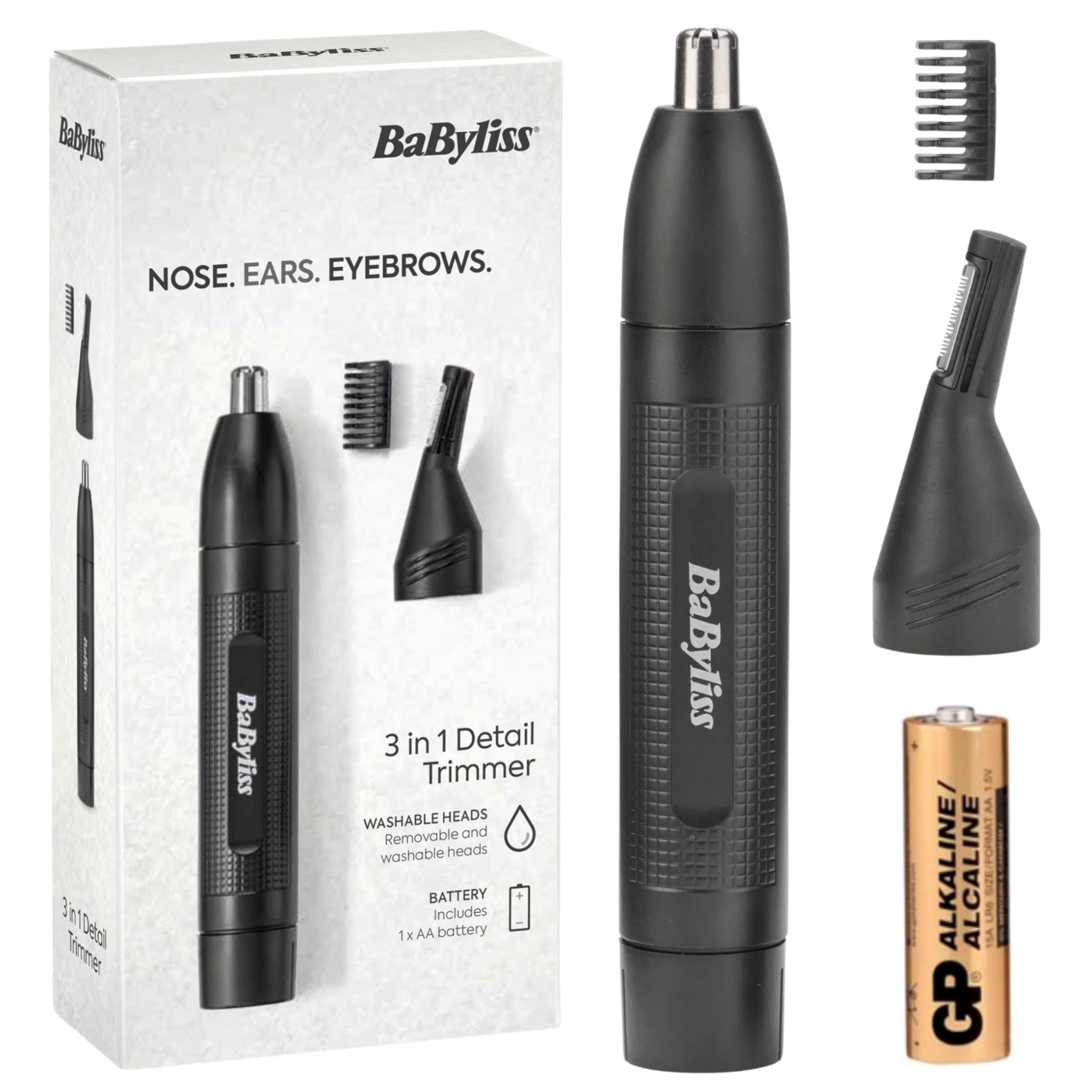 BaByliss 3-in-1 Hair Trimmer for Men, Eyebrow, Ear & Nose Trimmer, Grooming Kit with 2 Attachments, 2 Eyebrow Comb Guides, Battery-Powered, E652U