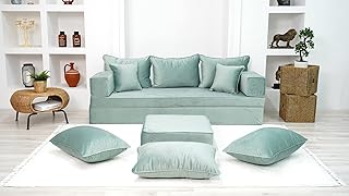 Velvet Water Green Sectional Sofa, Floor Sofa Bed, Patio Sofa, Modular Cushion, Moroccan Sofa, French Cushions (Sofa + Ottoman + Poufs, 8''+ 8'' Thickness Sofa)