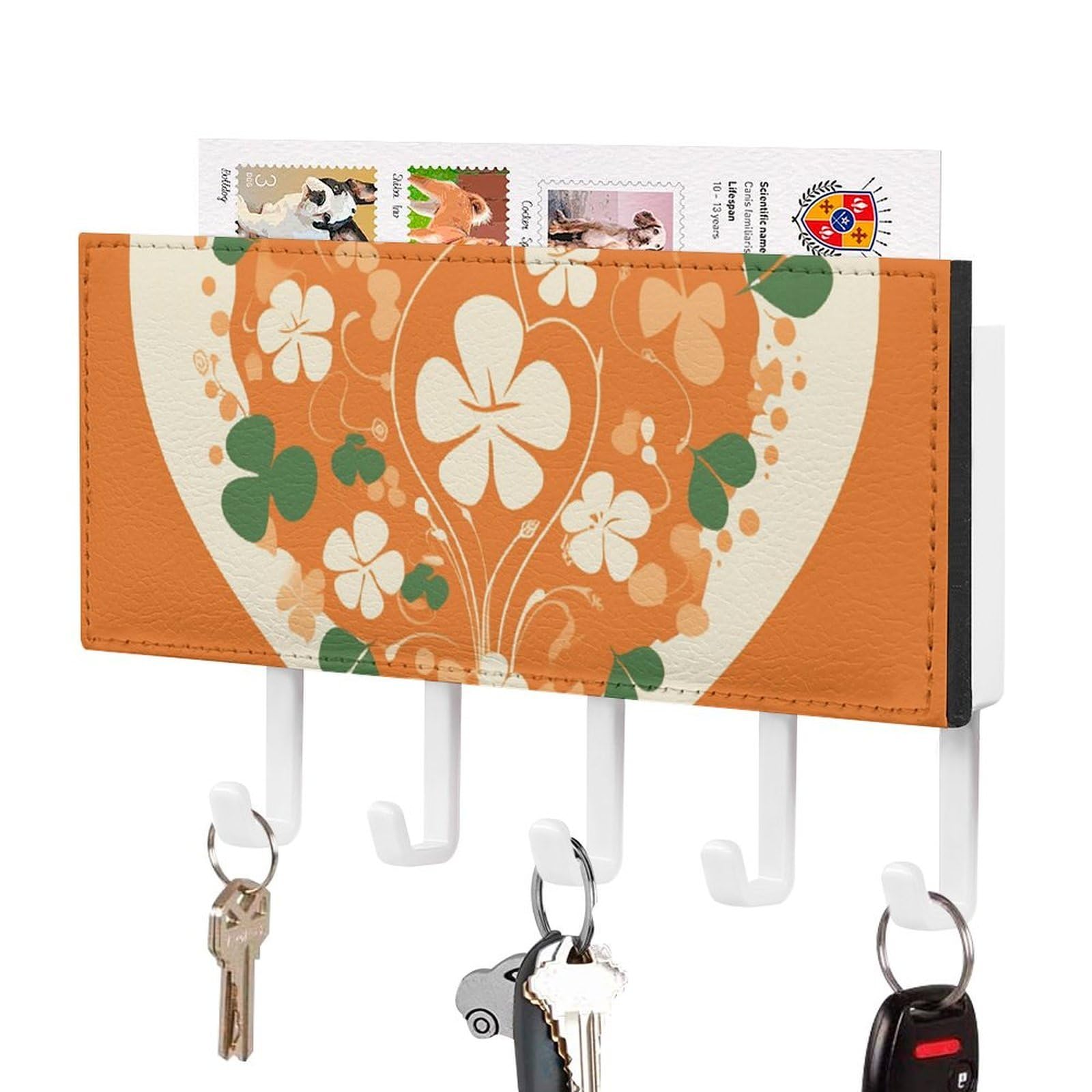JTREHY Heart Shape on Background Holder Wall-Mounted Key and Mail Holder,Key Rack with 5Keys Hooks, Easy to Install Mail Organizer for Entryway, Front Door, Hallway, Office