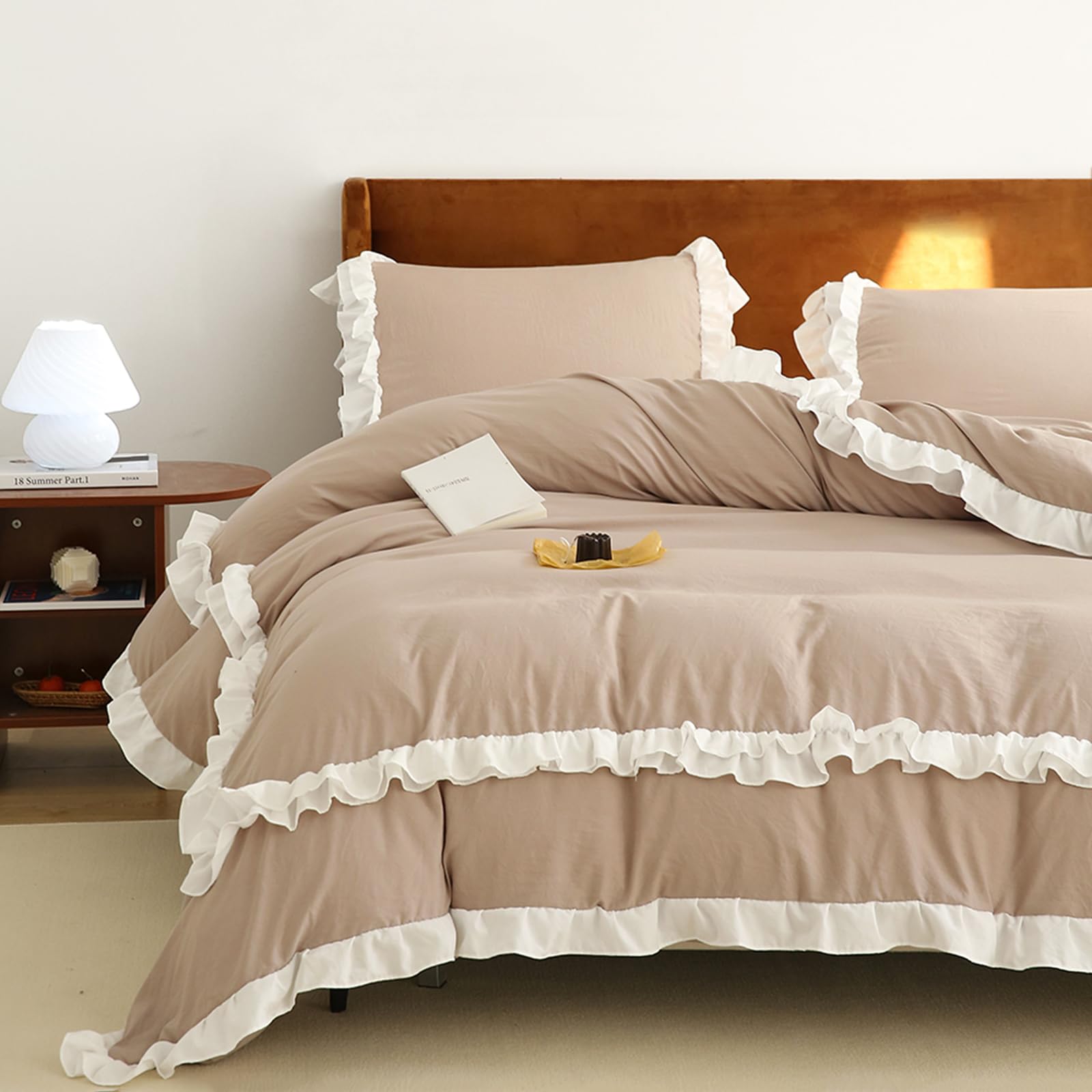 Wotcsil Taupe Ruffle Bedding Set for Women Girls Ruffled Double Duvet Cover Set Plain Duvet Cover Shabby Chic Retro Double-Layer Frill Edge Design with Pillowcase