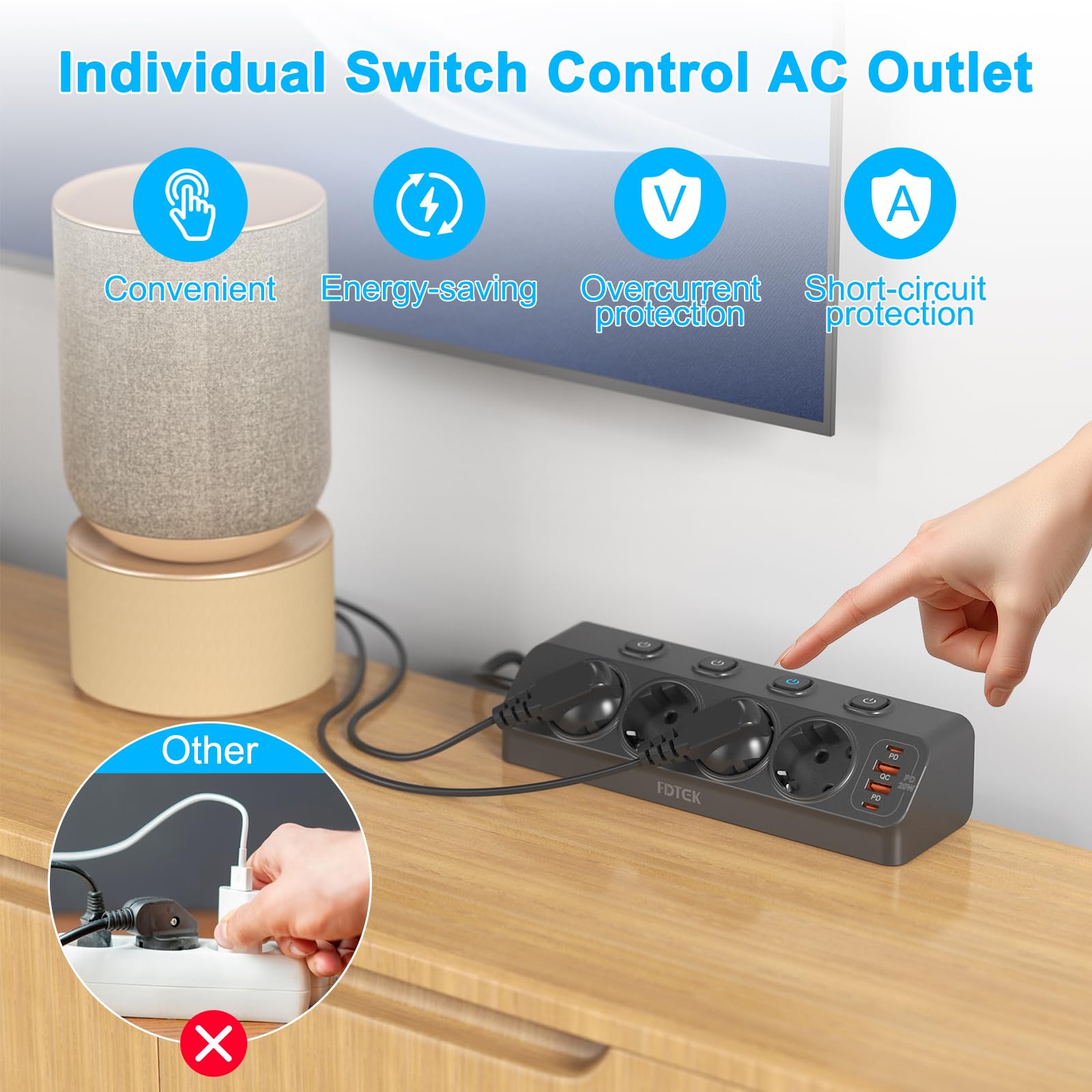 FDTEK Listwa zasilająca na biurko, 20 W, indywidualnie przełączana (4000 W/16 A), płaska wtyczka z USB C, 4 gniazda wtykowe z przełącznikiem, kabel 2 m, narożna listwa zasilająca do domu, biura