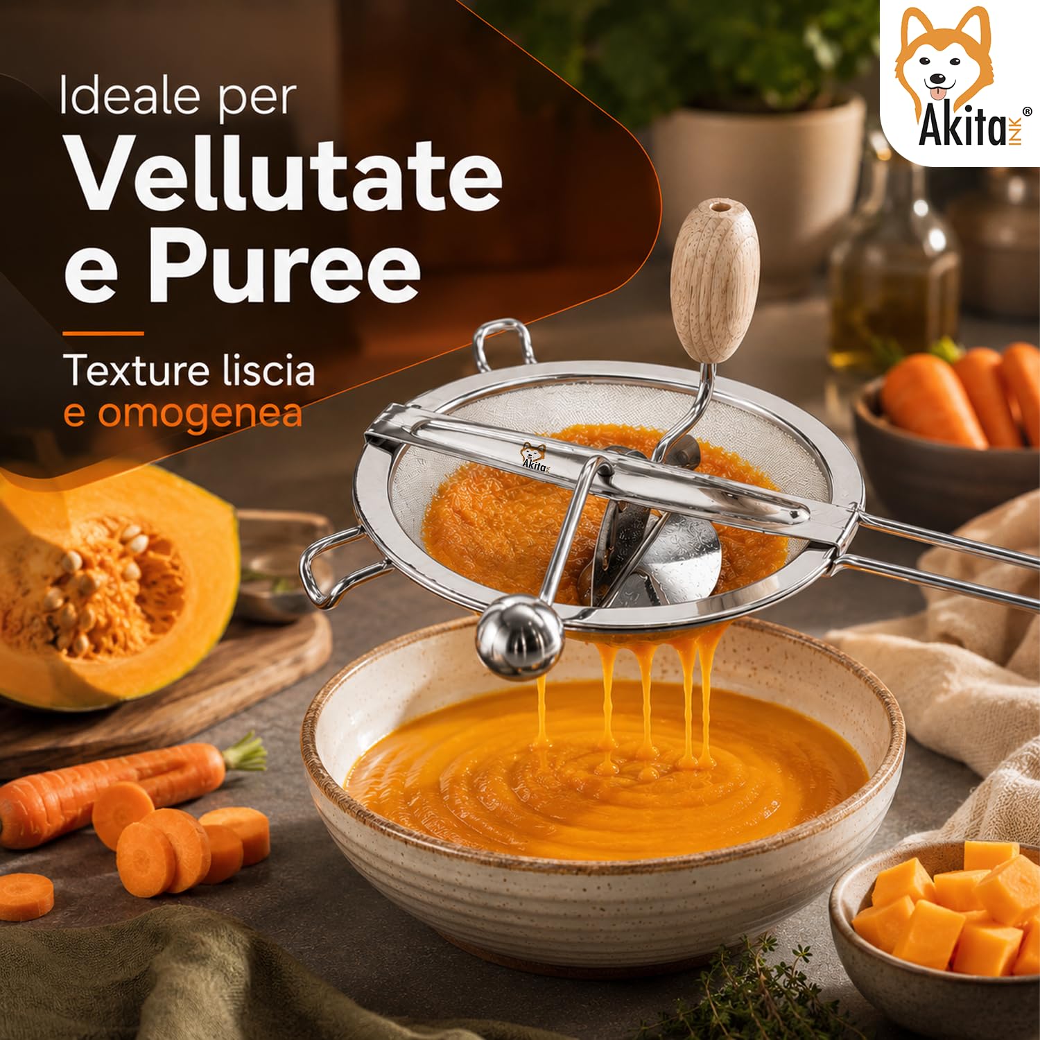 Akitaink Passacolino 20 cm con Retina 0,64 mm, Setaccio Manuale per Marmellate, Farina, Verdure, Frutta e Legumi