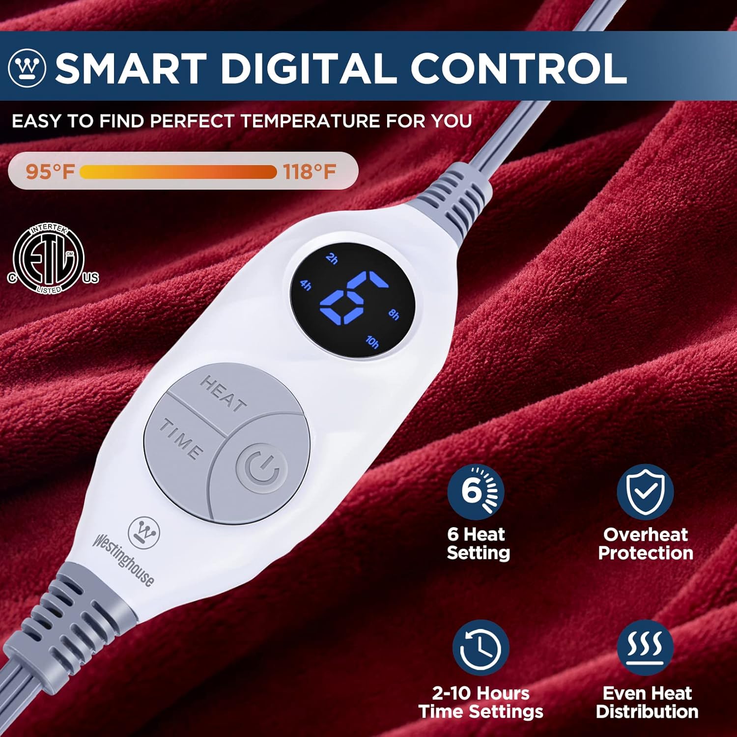 Westinghouse Electric Blanket Heated Throw, Super Cozy Soft Flannel 50"" x 60"" Heated Throw with 6 Fast Heating Levels & 2-10 Auto-Off, Machine Washable, ETL&FCC Certification, Home Office Use, Red - Image 5