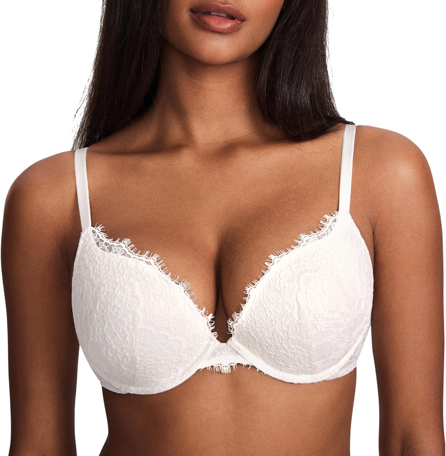 DOBREVAWomen's Push Up Bra Eyelash Lace Sexy Cleavage Underwire Support Plunge Bras