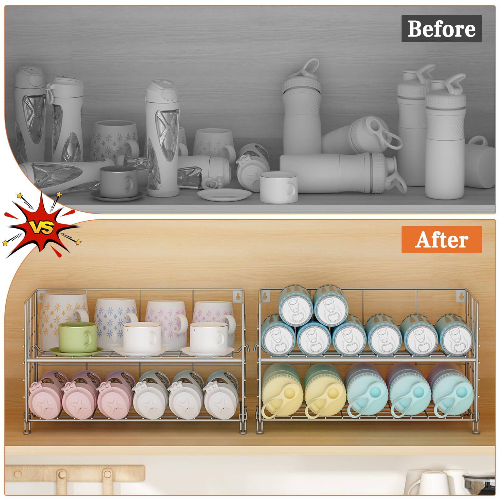 X-cosrack Water Bottle Organizer,4-Tier Wall-Mounted Water Bottle Holder, Stackable Water Bottle Storage Rack for Kitchen Pantry Cabinet,Large,Silver