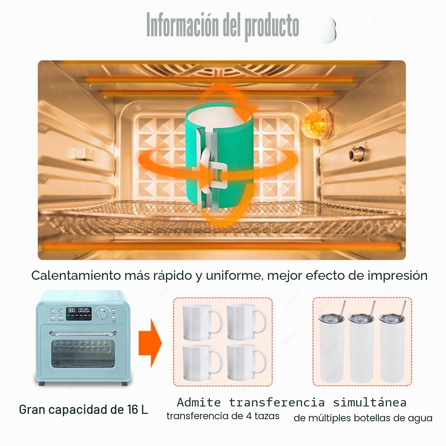 Horno de sublimación Azul, Pantalla Digital LED, Calentamiento rápido de 360°, para sublimación de Vasos, Tazas, Botellas de Agua y Transferencia a Granel 16L