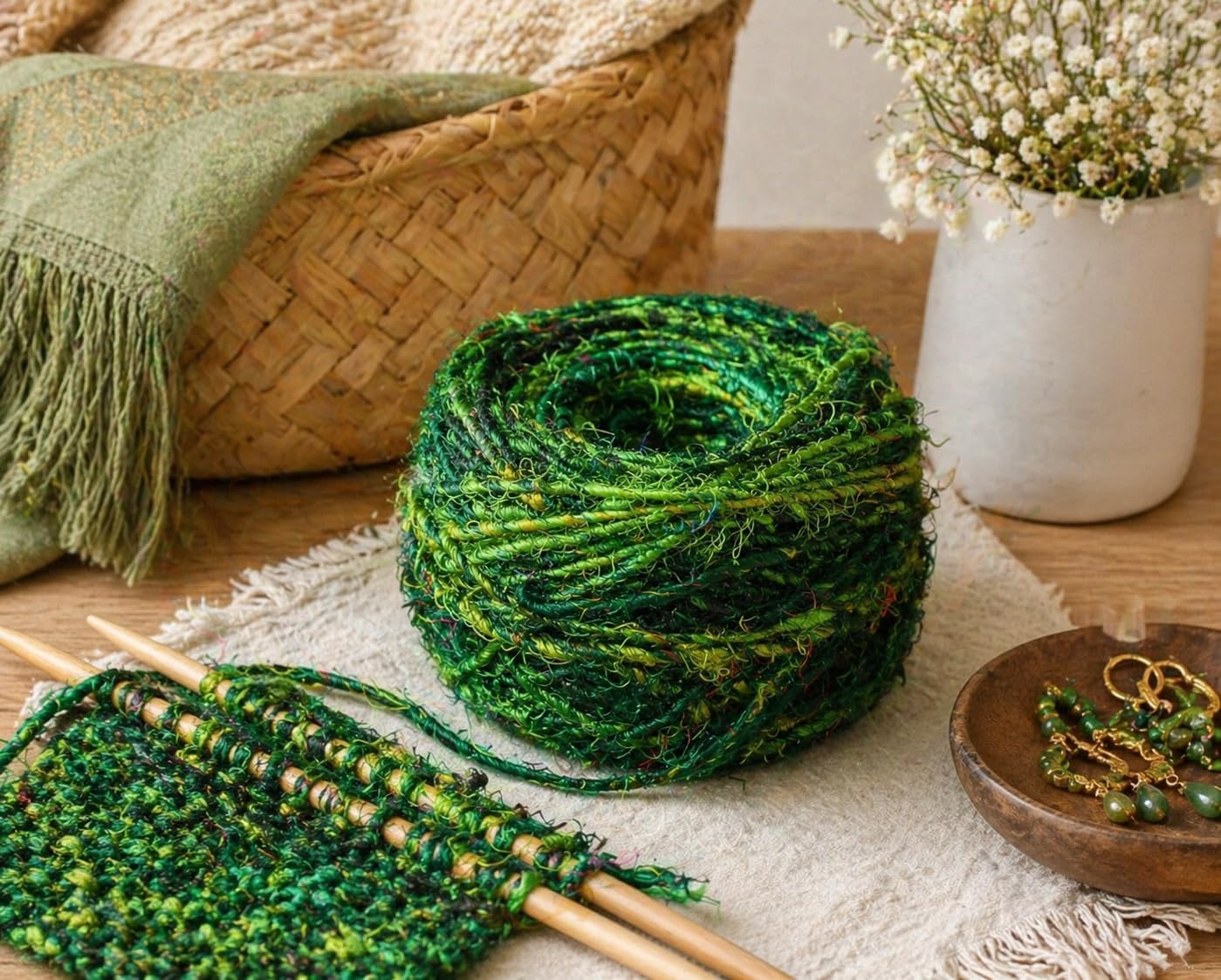 KnitSilk Filato di seta sari riciclata verde – 90 metri per gomitolo, fibra testurizzata per lavori a maglia, uncinetto, tessitura, creazione di gioielli e progetti fai da te, confezione da 10