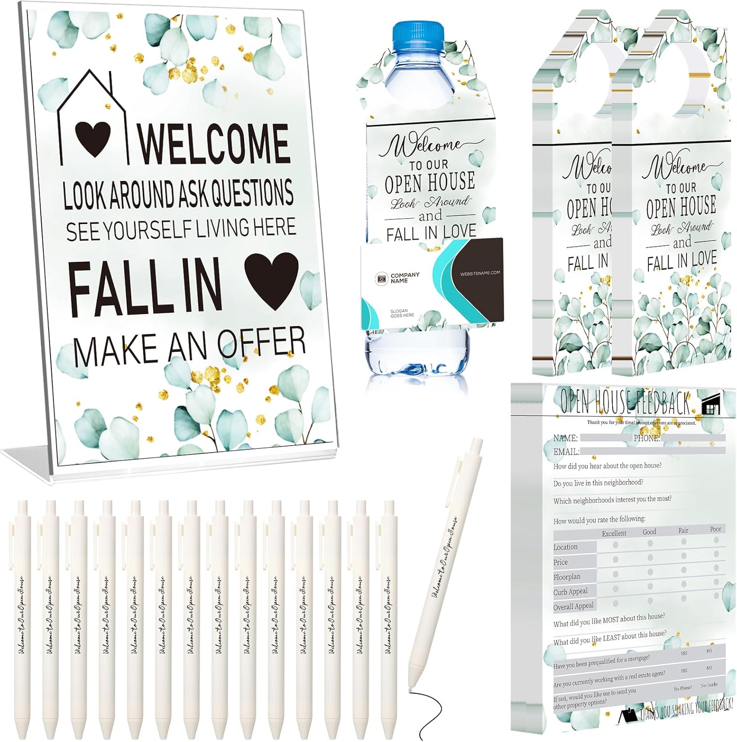 Eersida 151 Pcs Open House Supplies for Real Estate Include 1 Open House Signs Large 50 Water Bottle Name Tag 50 Real Estate Feedback Notepad Sign 50 Retractable Ballpoint Pens(Green,Greenery)