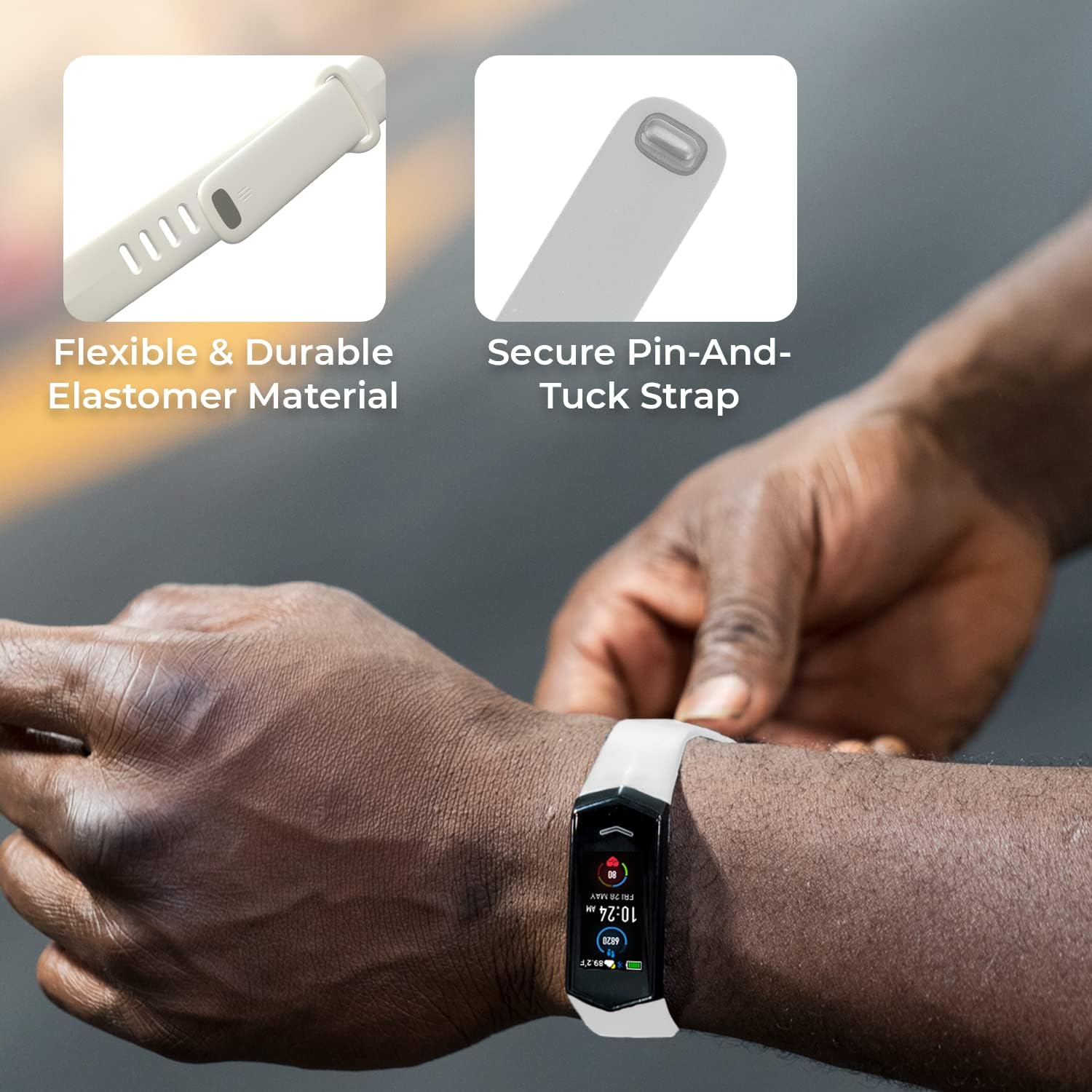 Close-up of Kore 2.0 Elite Fitness Tracker on a wrist, showing flexible elastomer material and secure pin-and-tuck strap