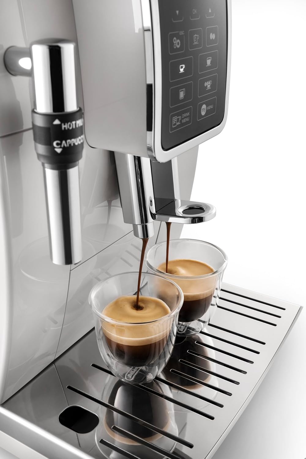 De'Longhi Dinamica ECAM 350.35.W with water being poured into the tank and coffee beans into the hopper