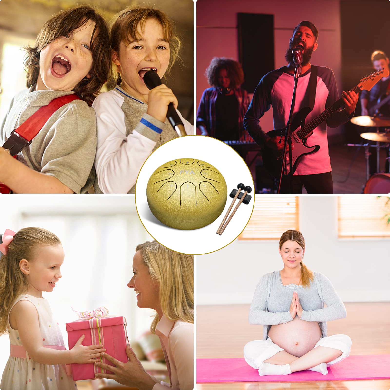 FYA 6 Inch Steel Tongue Drum 8 Notes C Major for Kids and Adults with Rubber Mallets, Finger Picks and Padded Travel Bag, Unique Gifts for Him or Her (Golden) 4