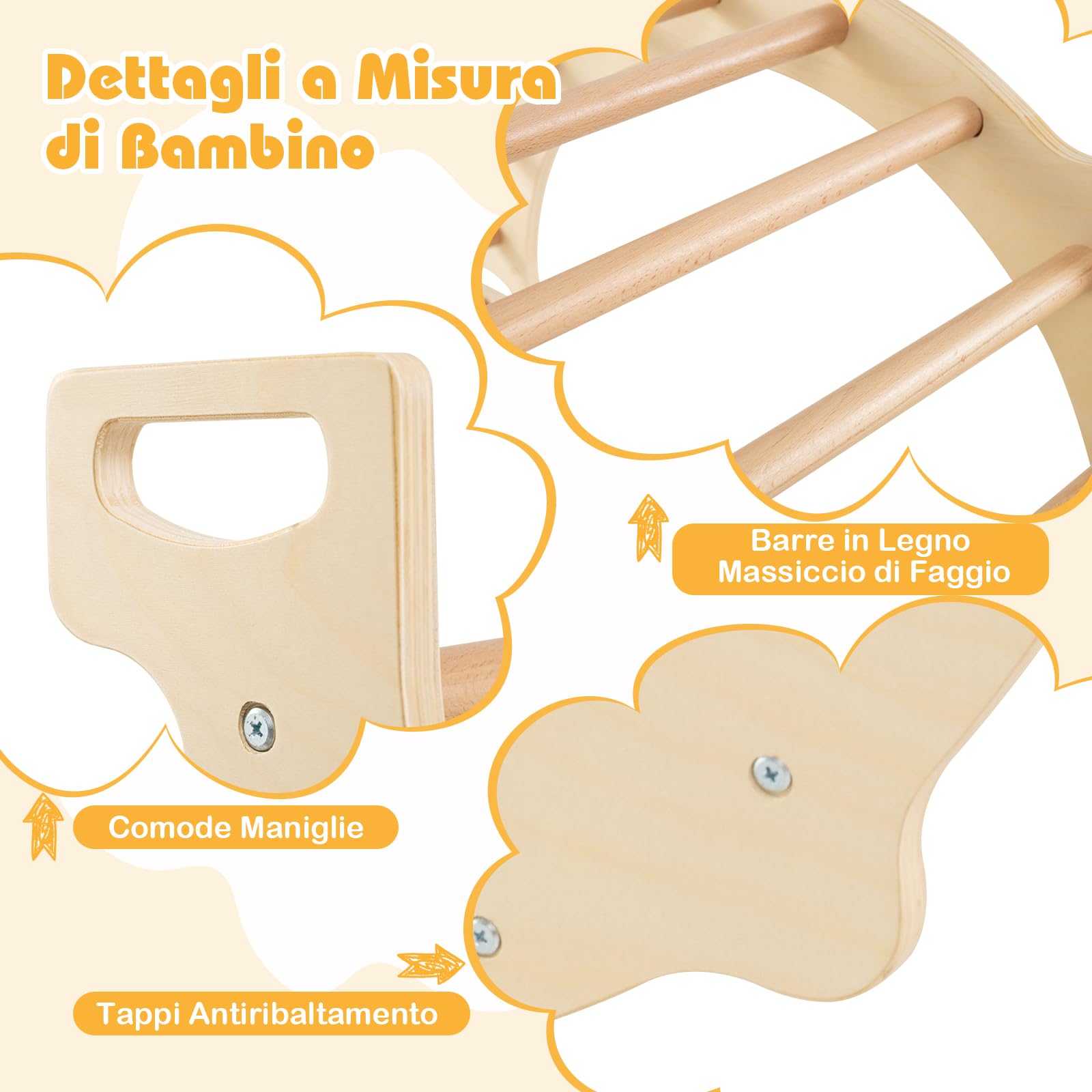 COSTWAY 8 in 1 Arco da Arrampicata per Bambini, Altalena ad Arco in Legno con Contenitore Pieghevole, Palestra Montessori per Bambini 3 Anni + (80 × 47 × 41 cm)