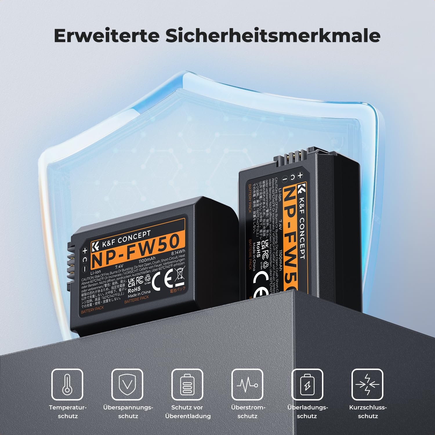 K&F CONCEPT NP-FW50 Kameraakku Ladegerät, 1100mAh Batterie 2 Pack Ladeset für Sony ZV-E10 A6000, A6500, A6300, A6400, A7, A7II, A7RII, A7SII, A7S, A7S2, A7R, A7R2, A55, A5100, A5000,A3000, A55,RX10