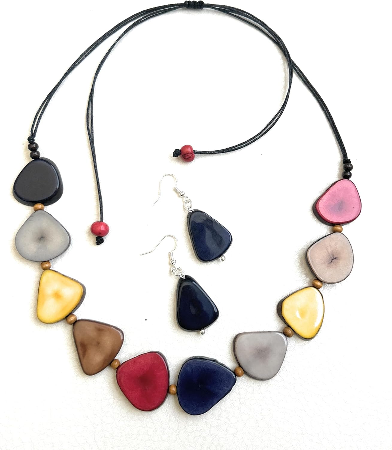 Multi color tagua necklace and earrings, organic tagua nut jewelry, handmade necklace set TAG681