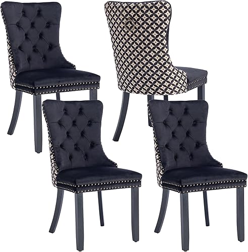 Miniatura 43 de Juego de 4 sillas de comedor de terciopelo, sillas de comedor tapizadas con ribete de cabeza de clavo, patas de madera, anillo de tracción, sillas