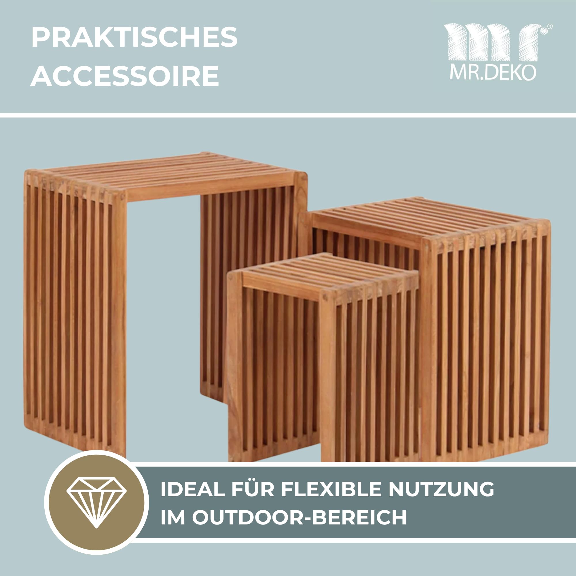 Mr. Deko teca – Mesas auxiliares (Juego de 3 – Mesa – Mesa de jardín – Rectangular – Apilable – Exterior Muebles – Madera de Teca – para balcón, terraza, jardín de invierno, Jardín