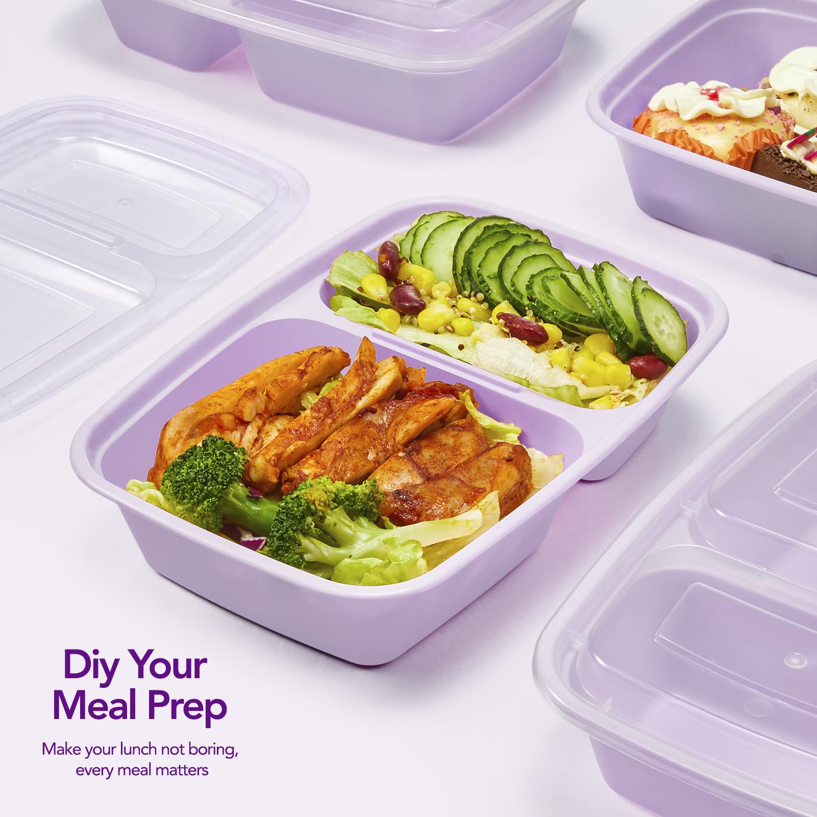 Glotoch - Paquete de 50 recipientes reutilizables para preparación de comidas, 2 compartimentos, contenedores desechables de plástico con tapas para microondas, lavavajillas y congelador de 32 onzas