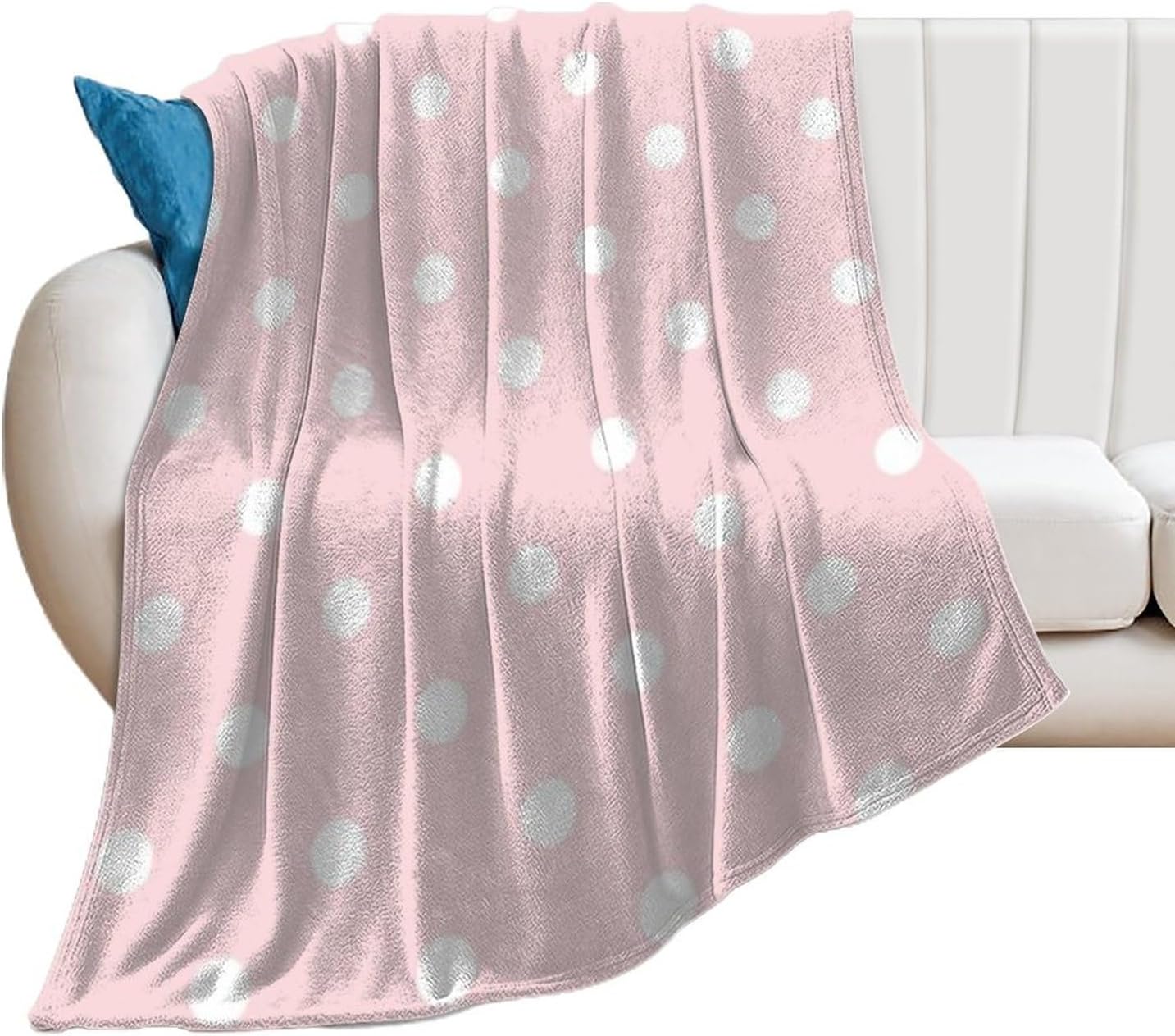 Plush Throw Blanket Polka Dots White on Pink Soft Cozy Blanket Flannel Blankets All-Season for Sofa Couch Bed, 60" X 80"