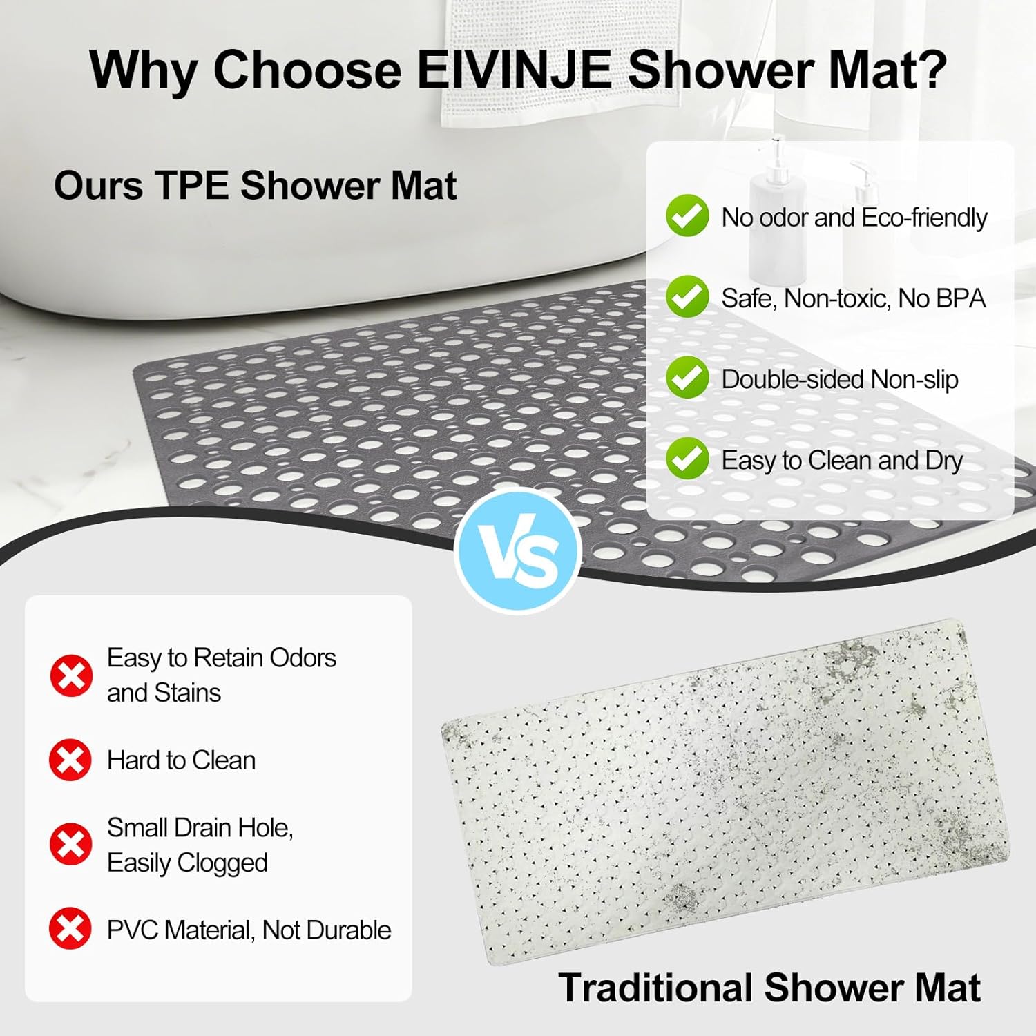 Anti Slip Shower Mat with Suction Cups,27x27 Inch Quick Drain TPE Non Slip Shower Mats for Inside Shower,Large Bath Mat for Shower Soft on Feet, Easy to Dry&Cut Machine Washable - Image 6