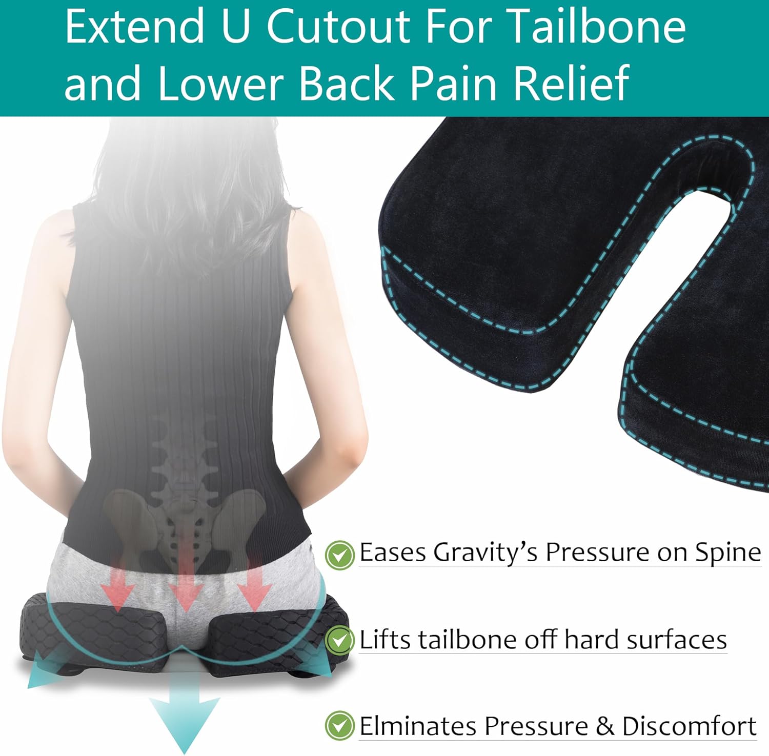 Large Pressure Relief Office Car Seat Cushion,10-Inch Extended U-Cutout,Sciatica & Back Coccyx Tailbone Pain Relief Chair Pad,Memory Foam Butt Pillow for Computer Desk,Wheelchair, Car