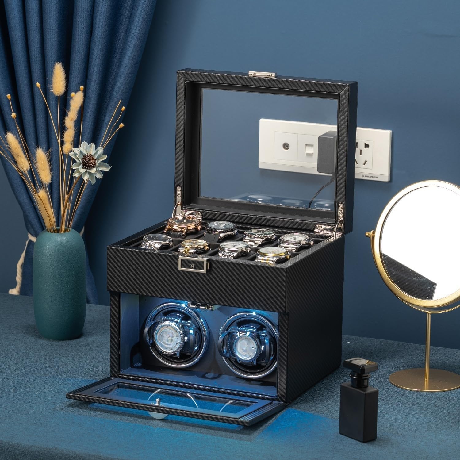 HEYOUTH Carica Orologi Automatici,Scatola del Tempo per Orologi,Orologi Ultra-Silenzioso Watch Winder Con Luce a LED, Con Scomparti Extra Per Orologi