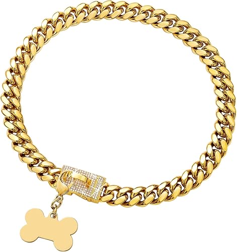 Collar de cadena de oro de acero inoxidable fuerte con bloqueo de circón brillante y etiqueta de identificación, collar de cadena de eslabones