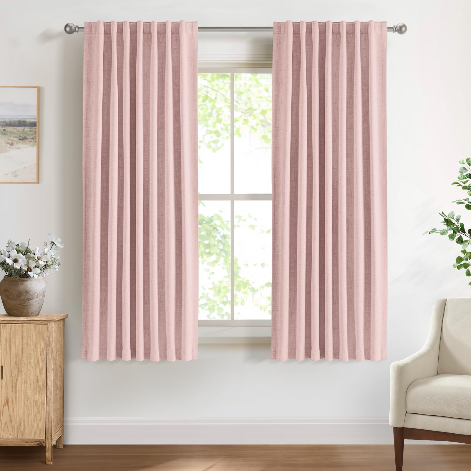 DEFYNEE 100% Blackout Curtains for Bedroom, 50 x 63 Inch Drop, Back Tab/Rod Pocket, Thermal Insulated Curtains with Coating Back Layers, for Room Darkening Privacy Protection, 2 Panels, Blushpink — image 1