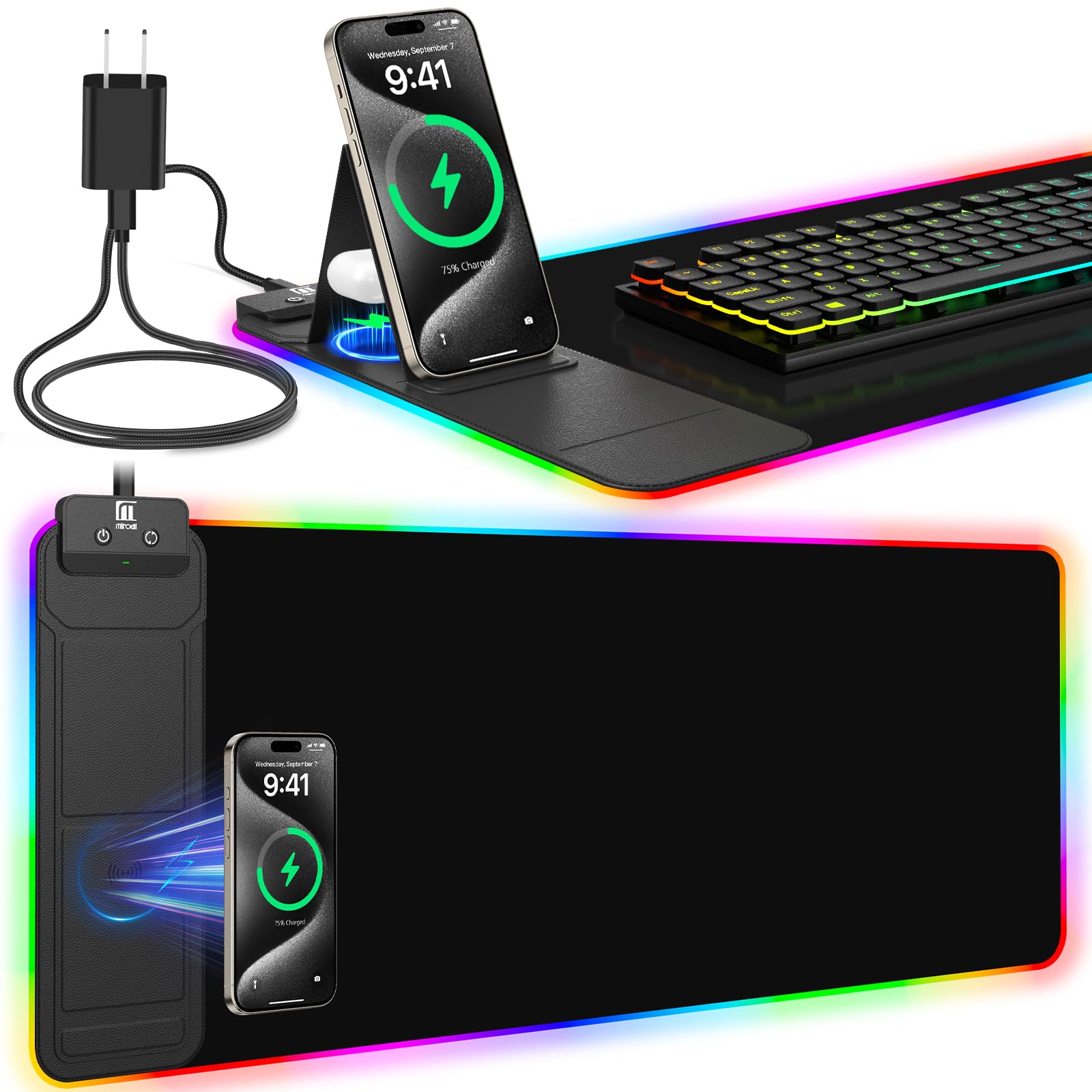 Alfombrilla de mouse RGB con soporte plegable para teléfono y cargador inalámbrico, 31.5 x 11.8 pulgadas, XL para juegos, alfombrilla de escritorio grande con doble carga para teléfono y AirPods, 11