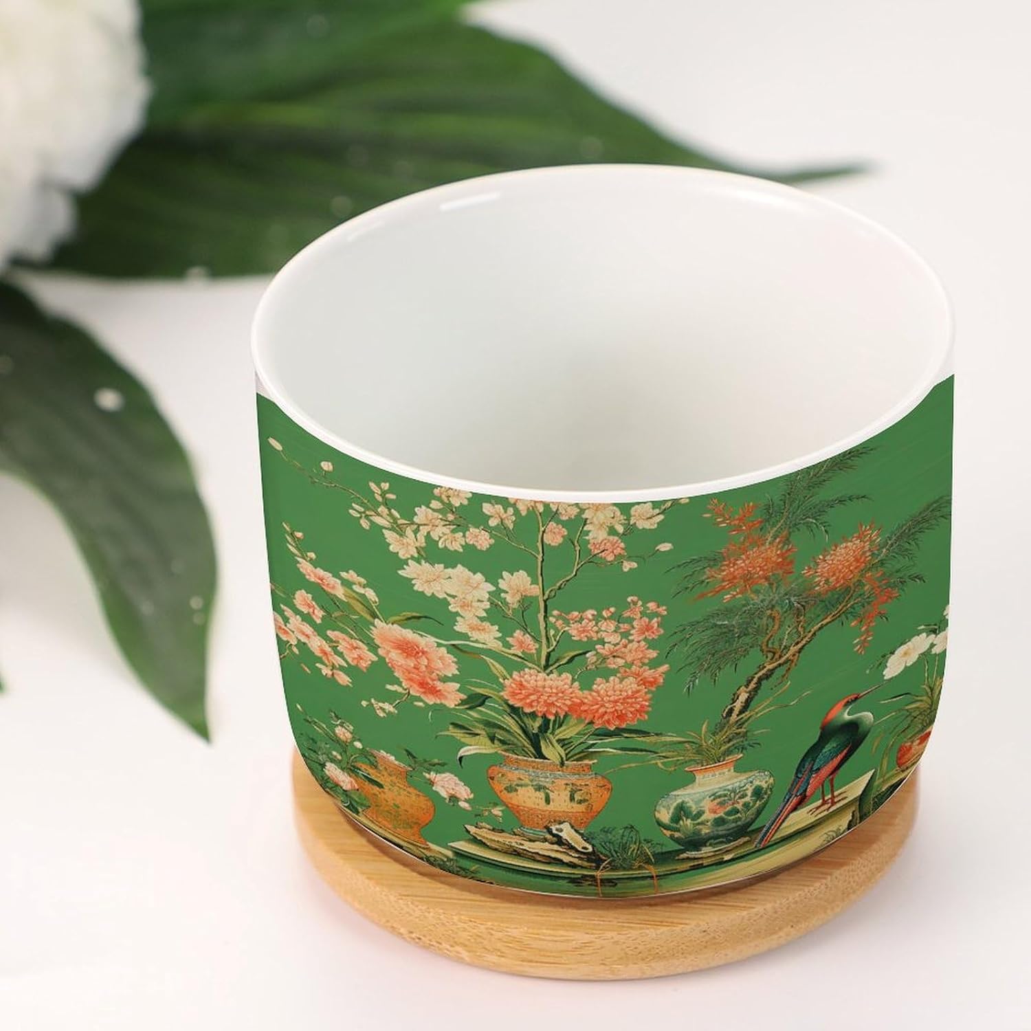 Asian Vase with Flower Planters Ceramics Set of 3 Vase Green Chinoiserie Cactus Pot for Indoor with Drainage and Bamboo Tray Chinoiserie Small Ceramics Pots for Plants