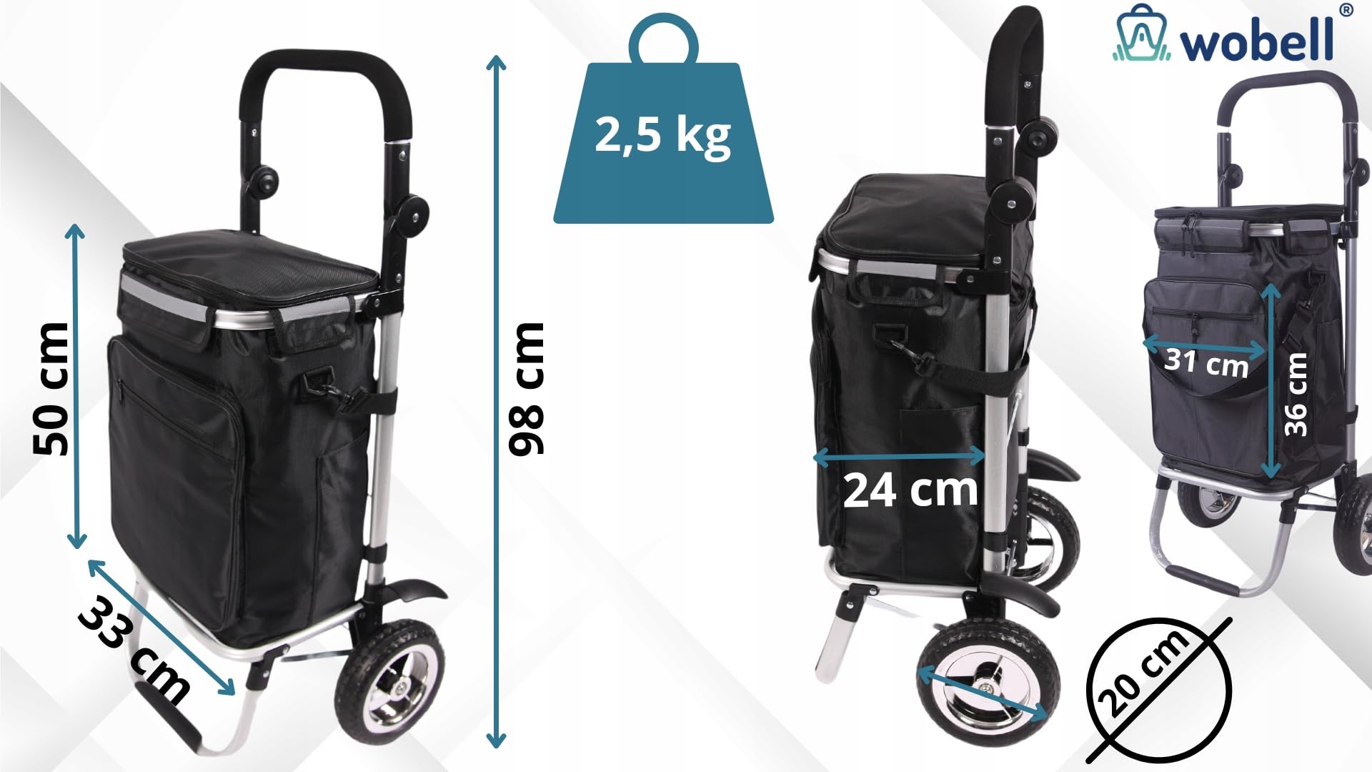 Wózek na Zakupy, 45L Pojemność, Szary, Aluminiowa Rama, Wodoodporny, z Kieszenią Termoizolacyjną, Składany, Regulowany Uchwyt 66-110cm